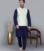 Men   s navy blue kurta churidar with green feather printed waistcoat (rg-19563-36)