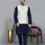 Men   s navy blue kurta churidar with green feather printed waistcoat (rg-19563-36)