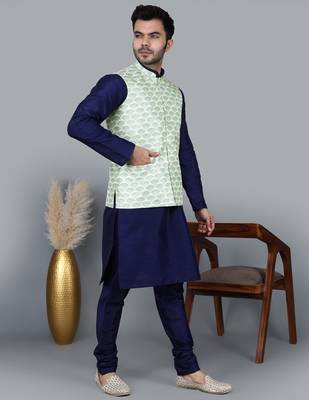 Men   s navy blue kurta churidar with green feather printed waistcoat (rg-19563-36) 3