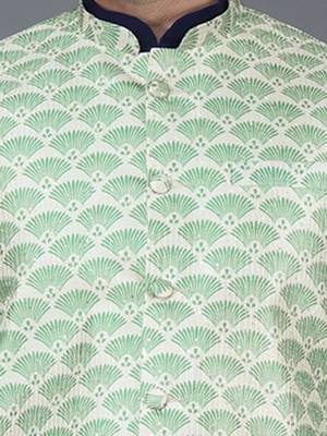 Men   s navy blue kurta churidar with green feather printed waistcoat (rg-19563-36) 4
