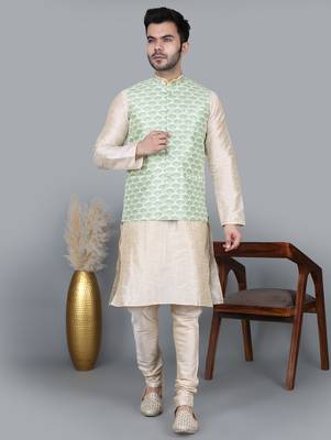 Men   s double tone kurta churidar with green feather printed waistcoat (rg-19564-36) 1