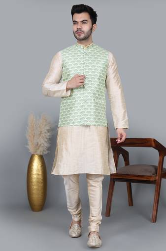 Men’s double tone kurta churidar with green feather printed waistcoat (rg-19564-36)