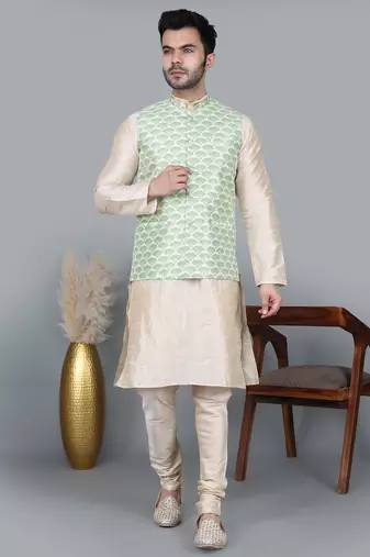 Men’s double tone kurta churidar with green feather printed waistcoat (rg-19564-36)