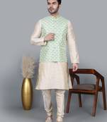 Men   s double tone kurta churidar with green feather printed waistcoat (rg-19564-36)