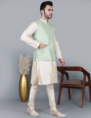 Men   s double tone kurta churidar with green feather printed waistcoat (rg-19564-36) 3