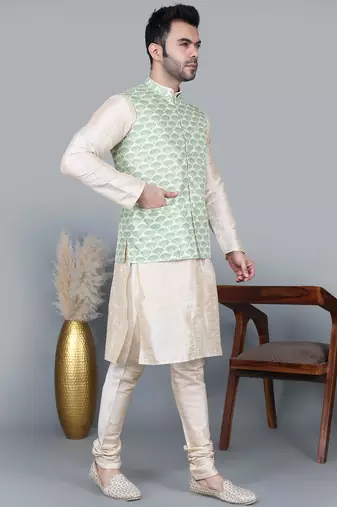 Men   s double tone kurta churidar with green feather printed waistcoat (rg-19564-36)