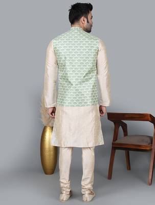 Men   s double tone kurta churidar with green feather printed waistcoat (rg-19564-36) 5