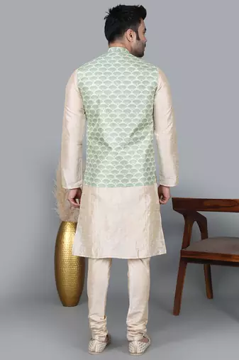 Men   s double tone kurta churidar with green feather printed waistcoat (rg-19564-36)