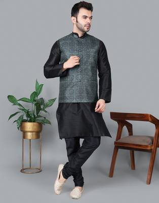 Men   s black kurta churidar with printed black box waistcoat (rg-19565-36) 1