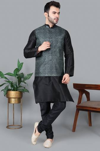Men’s black kurta churidar with printed black box waistcoat (rg-19565-36)