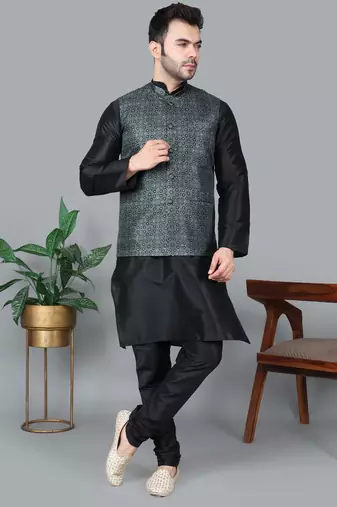 Men’s black kurta churidar with printed black box waistcoat (rg-19565-36)