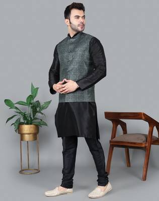 Men   s black kurta churidar with printed black box waistcoat (rg-19565-36) 2