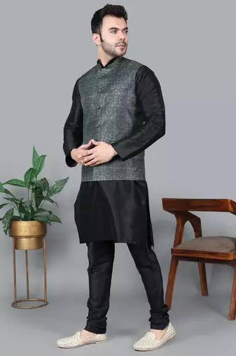 Men   s black kurta churidar with printed black box waistcoat (rg-19565-36)