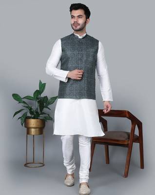 Men   s cream kurta churidar with printed black box waistcoat (rg-19566-36) 1