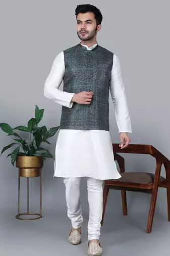 Men’s cream kurta churidar with printed black box waistcoat (rg-19566-36)