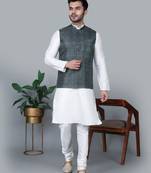 Men’s cream kurta churidar with printed black box waistcoat (rg-19566-36)