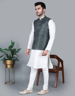 Men   s cream kurta churidar with printed black box waistcoat (rg-19566-36) 2