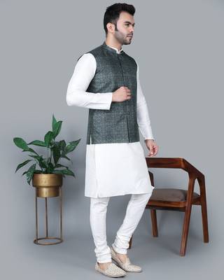 Men   s cream kurta churidar with printed black box waistcoat (rg-19566-36) 3