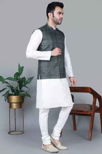 Men   s cream kurta churidar with printed black box waistcoat (rg-19566-36)