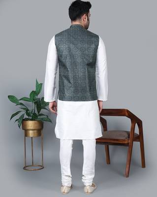 Men   s cream kurta churidar with printed black box waistcoat (rg-19566-36) 5