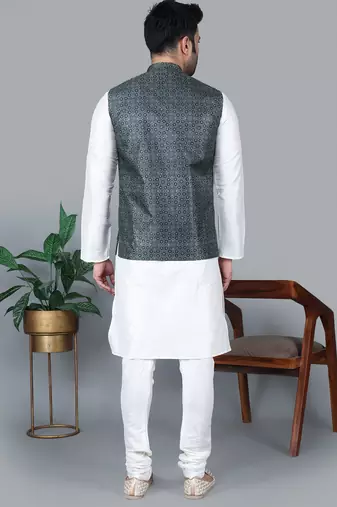Men   s cream kurta churidar with printed black box waistcoat (rg-19566-36)