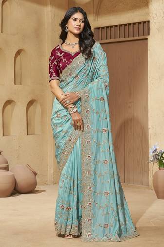 Sea green zari and cords georgette saree with designer blouse fabric