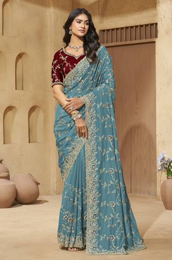 Dusty sky zari and cords georgette saree with designer blouse fabric