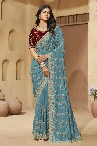 Dusty sky zari and cords georgette saree with designer blouse fabric