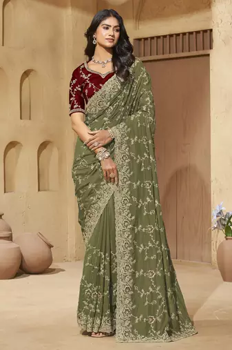 Mehendi zari and cords georgette saree with designer blouse fabric