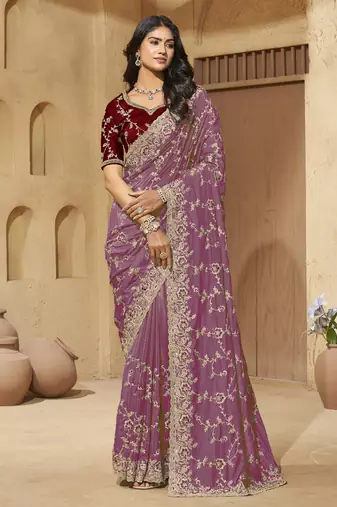 Lavender zari and cords georgette saree with designer blouse fabric