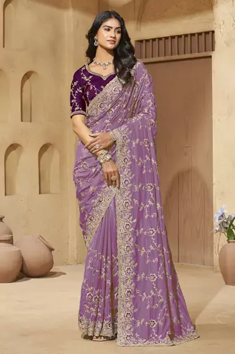 Light purple zari and cords georgette saree with designer blouse fabric