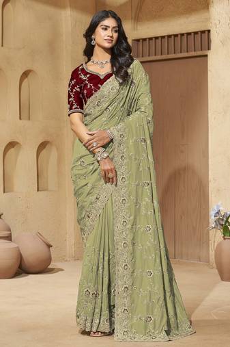 Green zari and cords georgette saree with designer blouse fabric