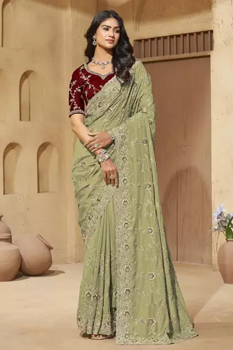 Green zari and cords georgette saree with designer blouse fabric