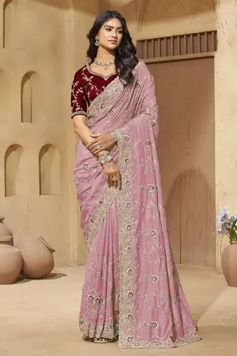 Light pink zari and cords georgette saree with designer blouse fabric