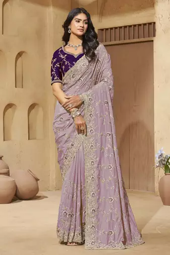 Light lavender zari and cords georgette saree with designer blouse fabric