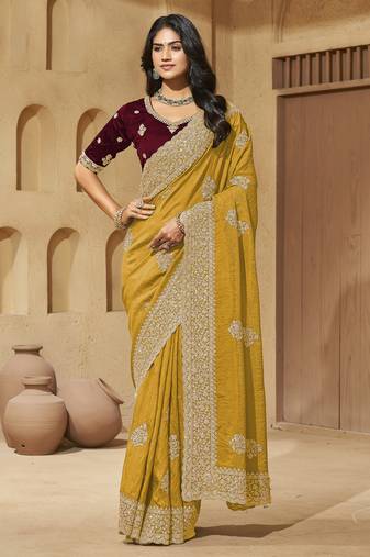 Yellow zari and cords soft silk saree with designer blouse fabric