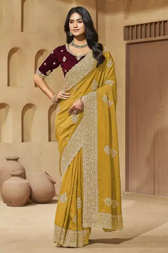 Yellow zari and cords soft silk saree with designer blouse fabric