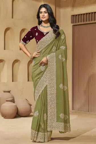 Green zari and cords soft silk saree with designer blouse fabric