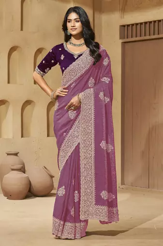 Purple zari and cords soft silk saree with designer blouse fabric