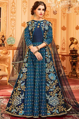 Blue Slub Silk Embroidered Wedding Wear Designer Anarkali Suit