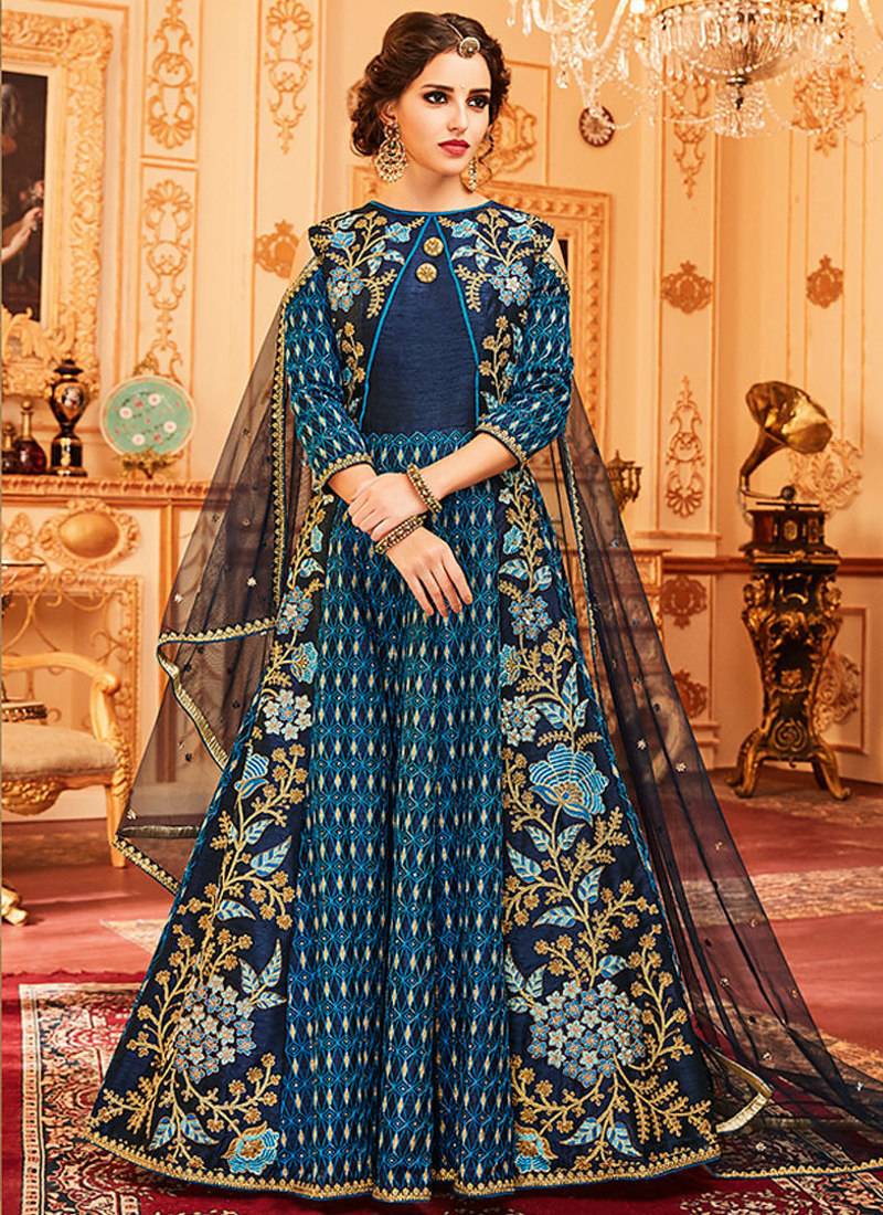 Blue Slub Silk Embroidered Wedding Wear Designer Anarkali Suit