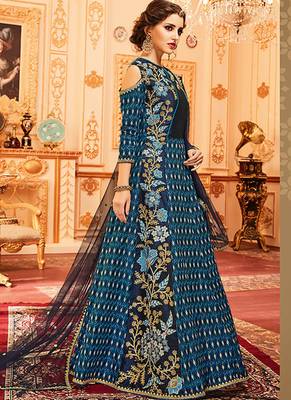 Blue Slub Silk Embroidered Wedding Wear Designer Anarkali Suit 2