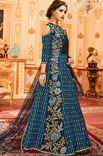 Blue Slub Silk Embroidered Wedding Wear Designer Anarkali Suit