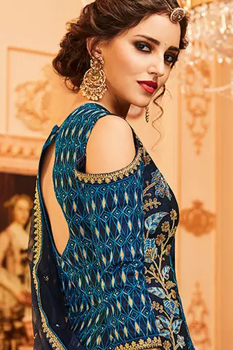 Blue Slub Silk Embroidered Wedding Wear Designer Anarkali Suit