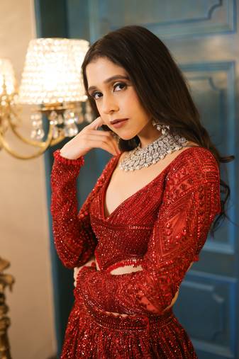 Red Color Thread Embroidery,Dori Work With Sequins Work Faux Georgette Lehenga Choli