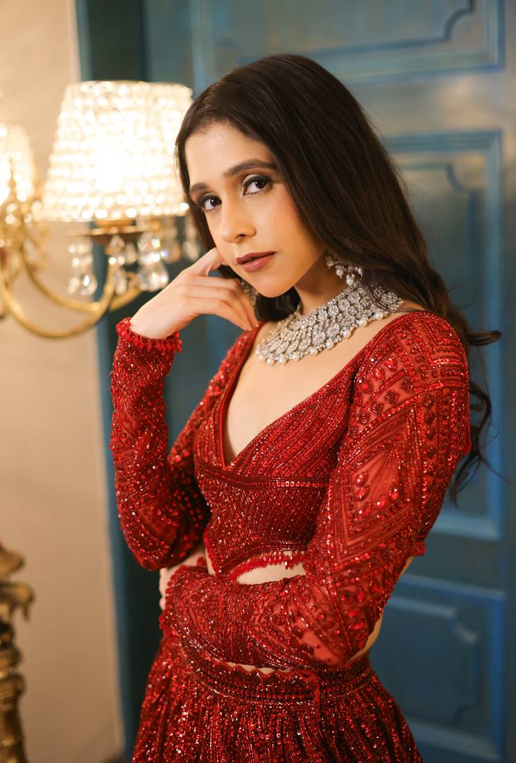 Red Color Thread Embroidery,Dori Work With Sequins Work Faux Georgette Lehenga Choli