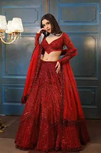 Red Color Thread Embroidery,Dori Work With Sequins Work Faux Georgette Lehenga Choli
