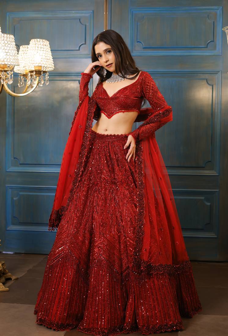 Red Color Thread Embroidery,Dori Work With Sequins Work Faux Georgette Lehenga Choli