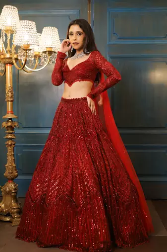 Red Color Thread Embroidery,Dori Work With Sequins Work Faux Georgette Lehenga Choli