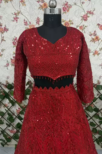 Red Color Thread Embroidery,Dori Work With Sequins Work Faux Georgette Lehenga Choli
